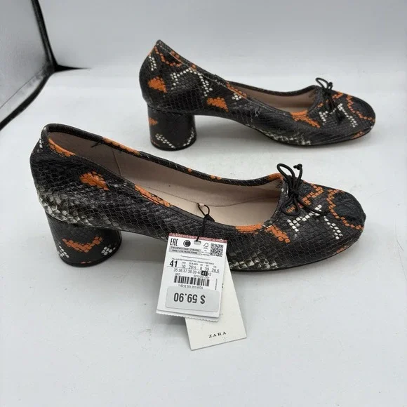 Zara Basic Shoes Womens Size 10 Black Orange Snake Print Block Heel Pumps - Picture 7 of 9